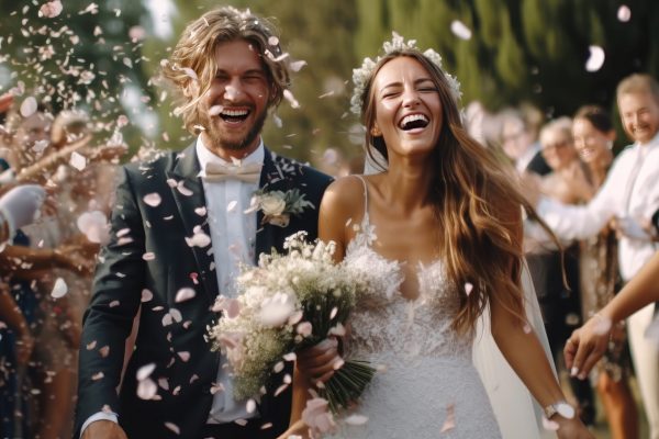 Happy bride at wedding ceremony and people sprinkling flower petals